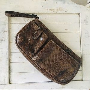 Patent leather snake skin wristlet brown